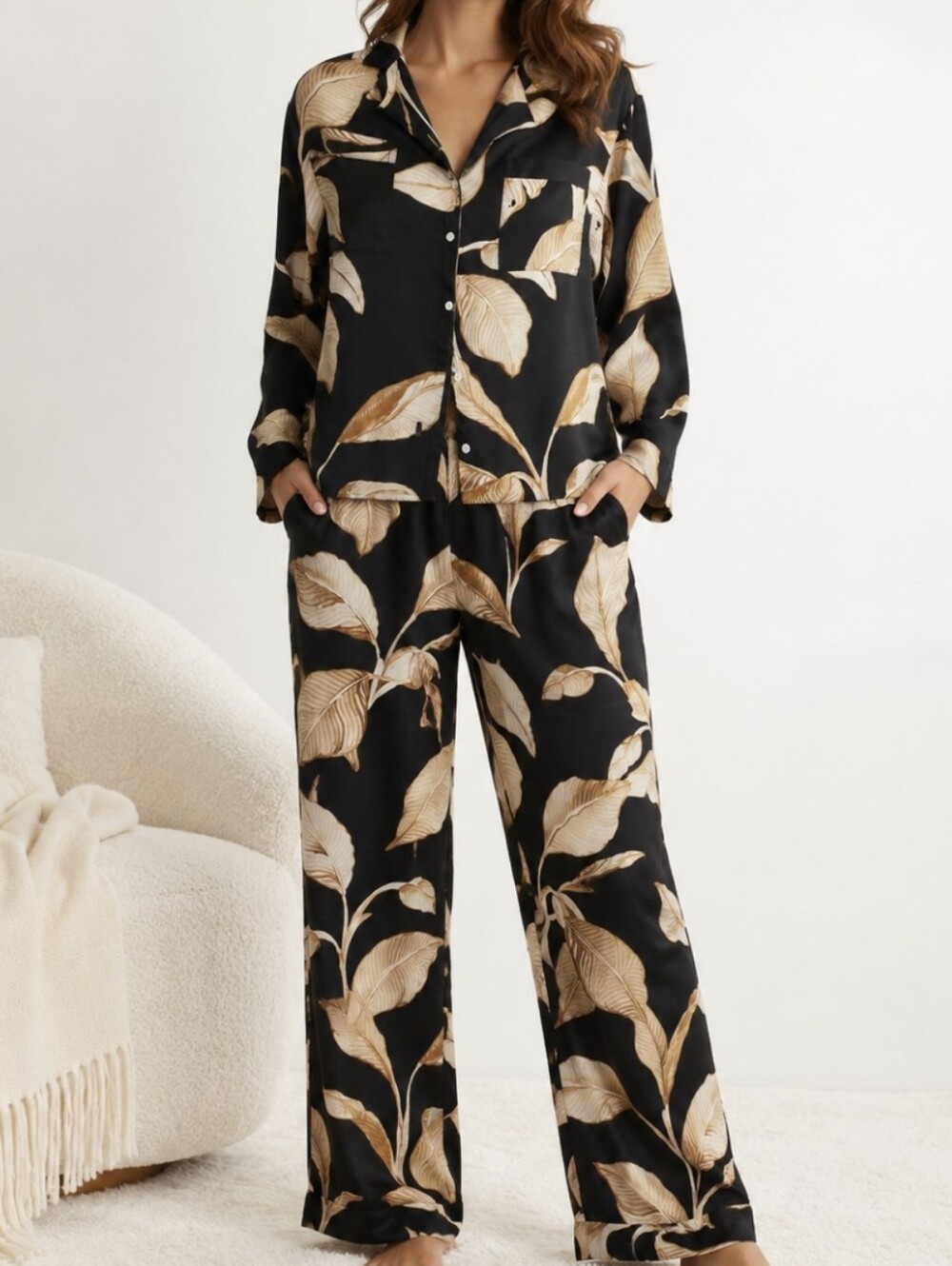 Banana Republic Black Gold Leaf Small Pajama Set Wide Leg Pants Pockets Cozy